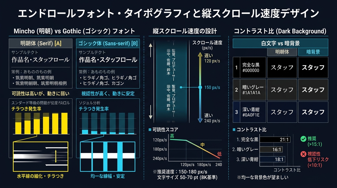 エンドロールテロップの見やすい明朝体フォントと縦スクロール速度設定図解