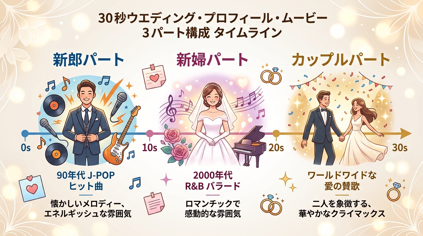 30代プロフィールムービー新郎・新婦・二人パートの時代別BGM構成図解