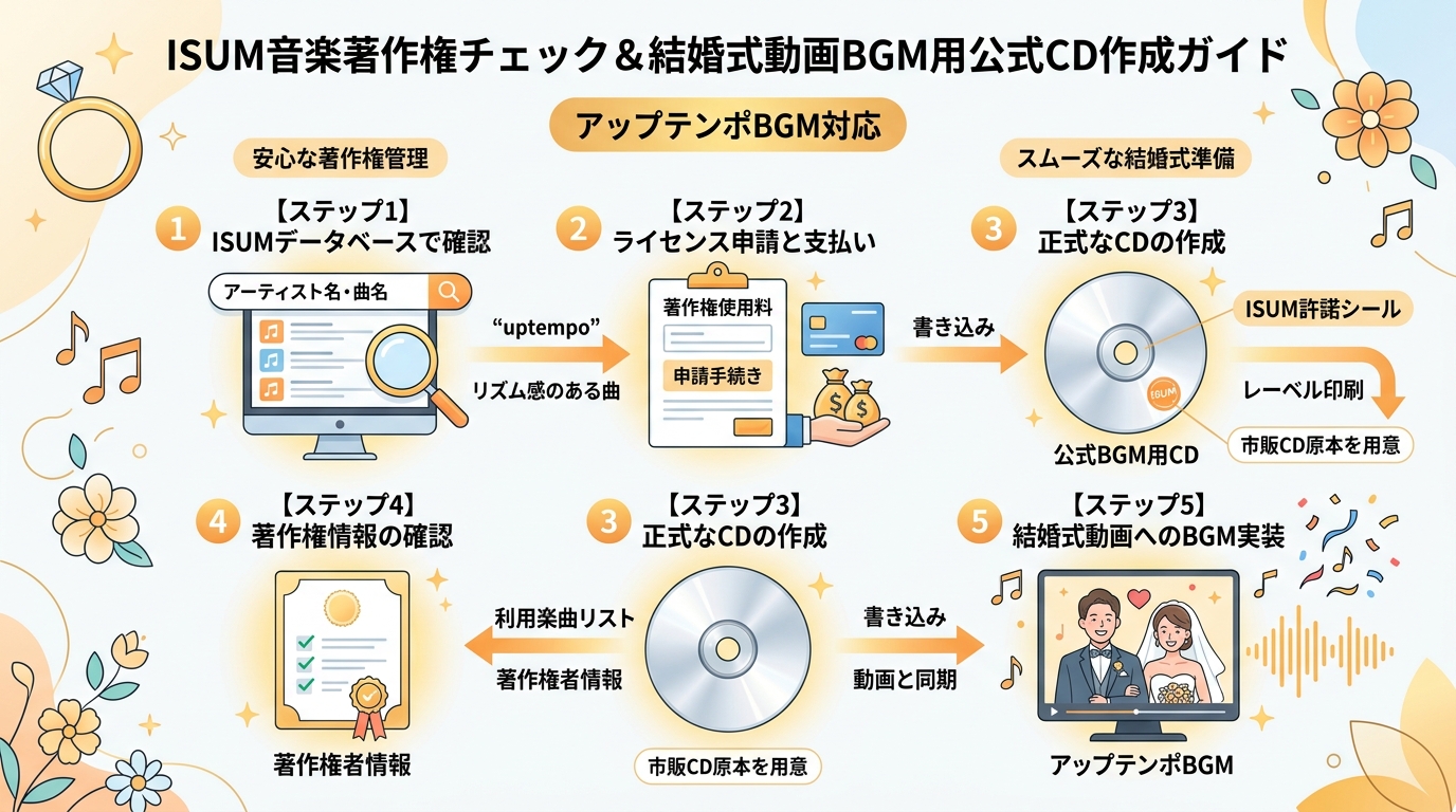 アップテンポBGMのISUM著作権申請と正規CD原盤確認図解