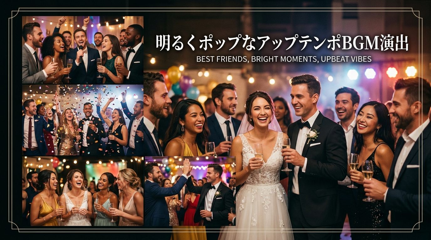 ポップなアップテンポBGMとともに流れる結婚式プロフィールムービーの上映画面スチル