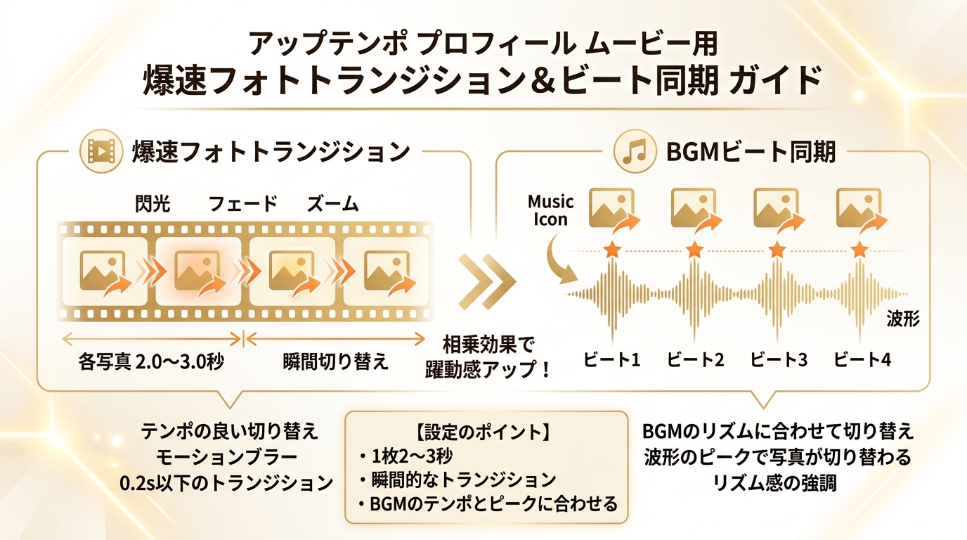 アップテンポBGMのドラム拍に合わせたスライド高速切替（2-3秒）音ハメ図解