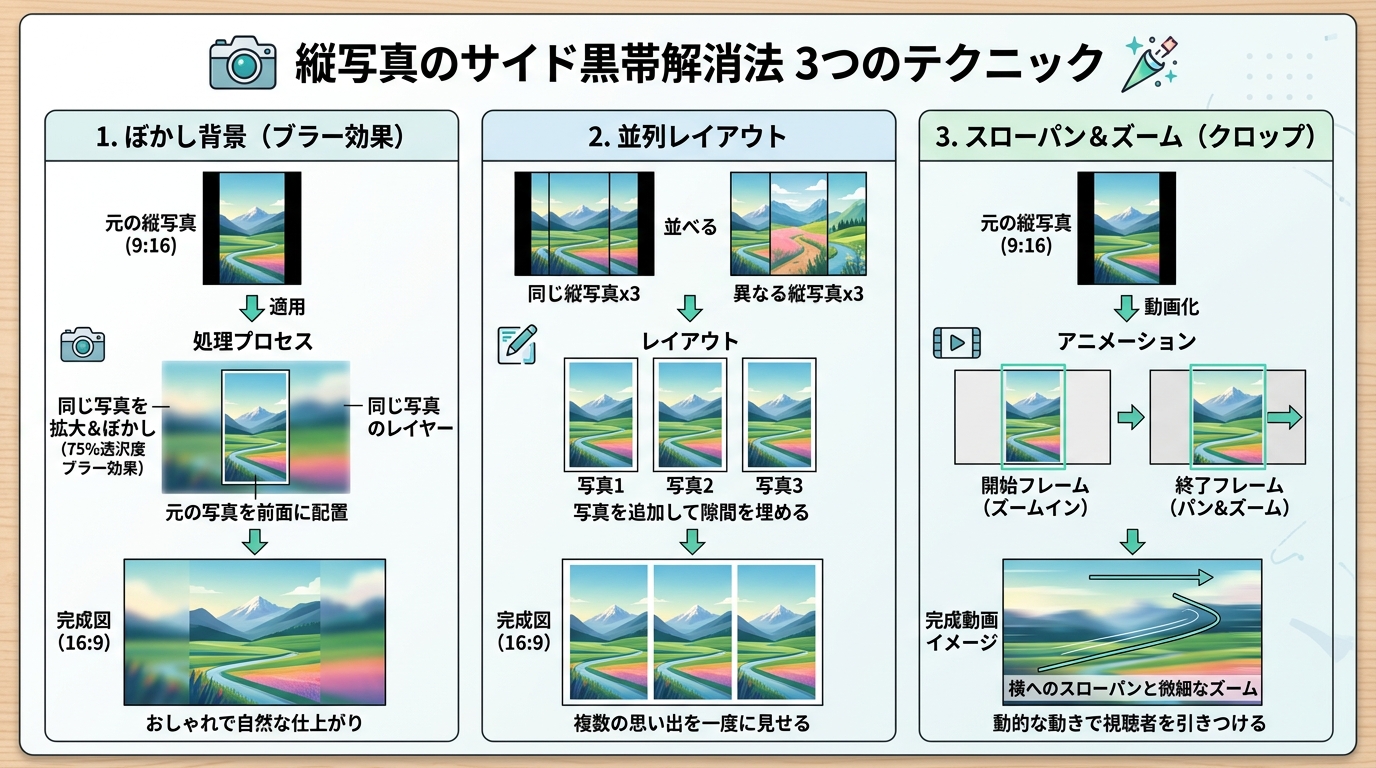 スマホの縦写真の左右黒帯を消す3大補正テクニック図解
