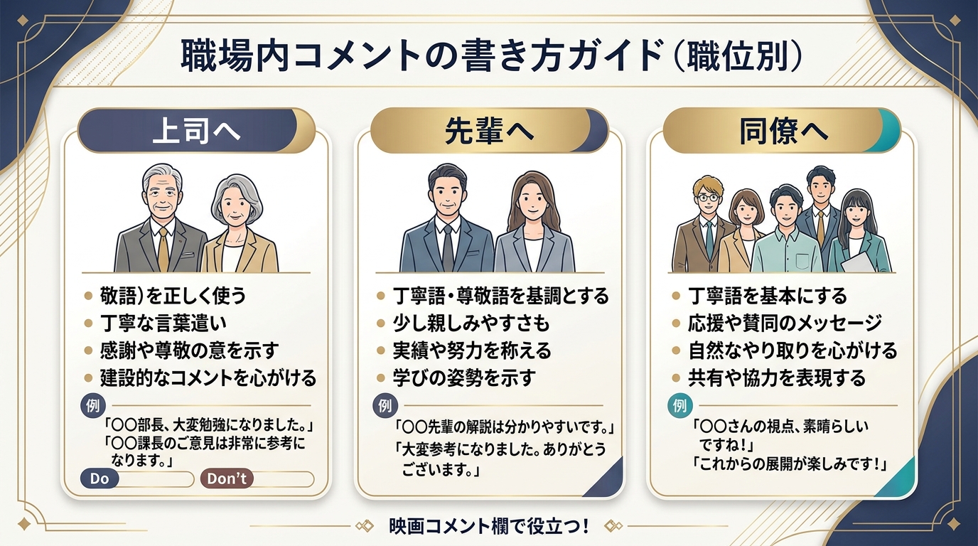 上司・先輩・同期・後輩別のプロフィールムービーメッセージ呼び分け図解