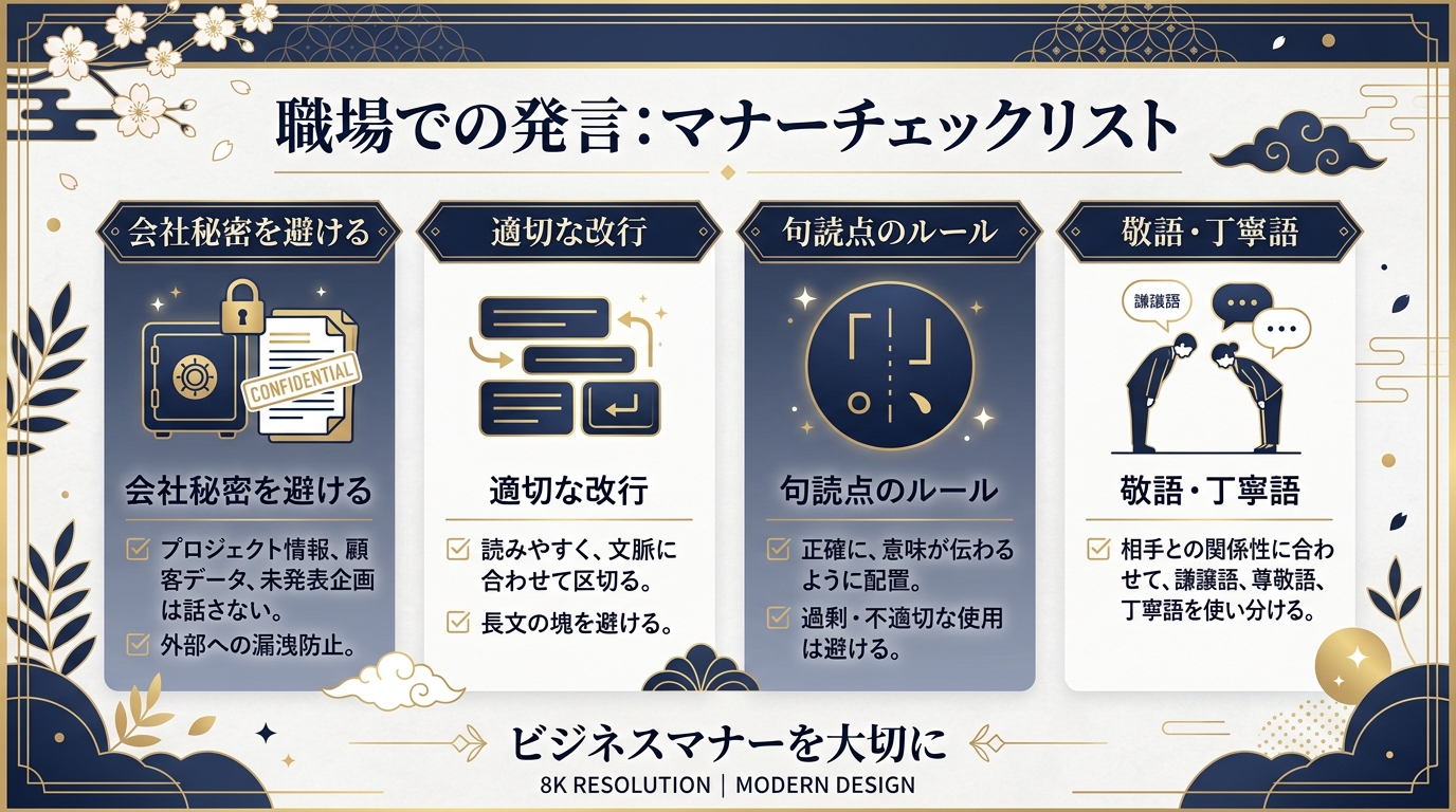 職場パートコメントの守秘義務・句読点「、・。」排除・NGマナー確認図解