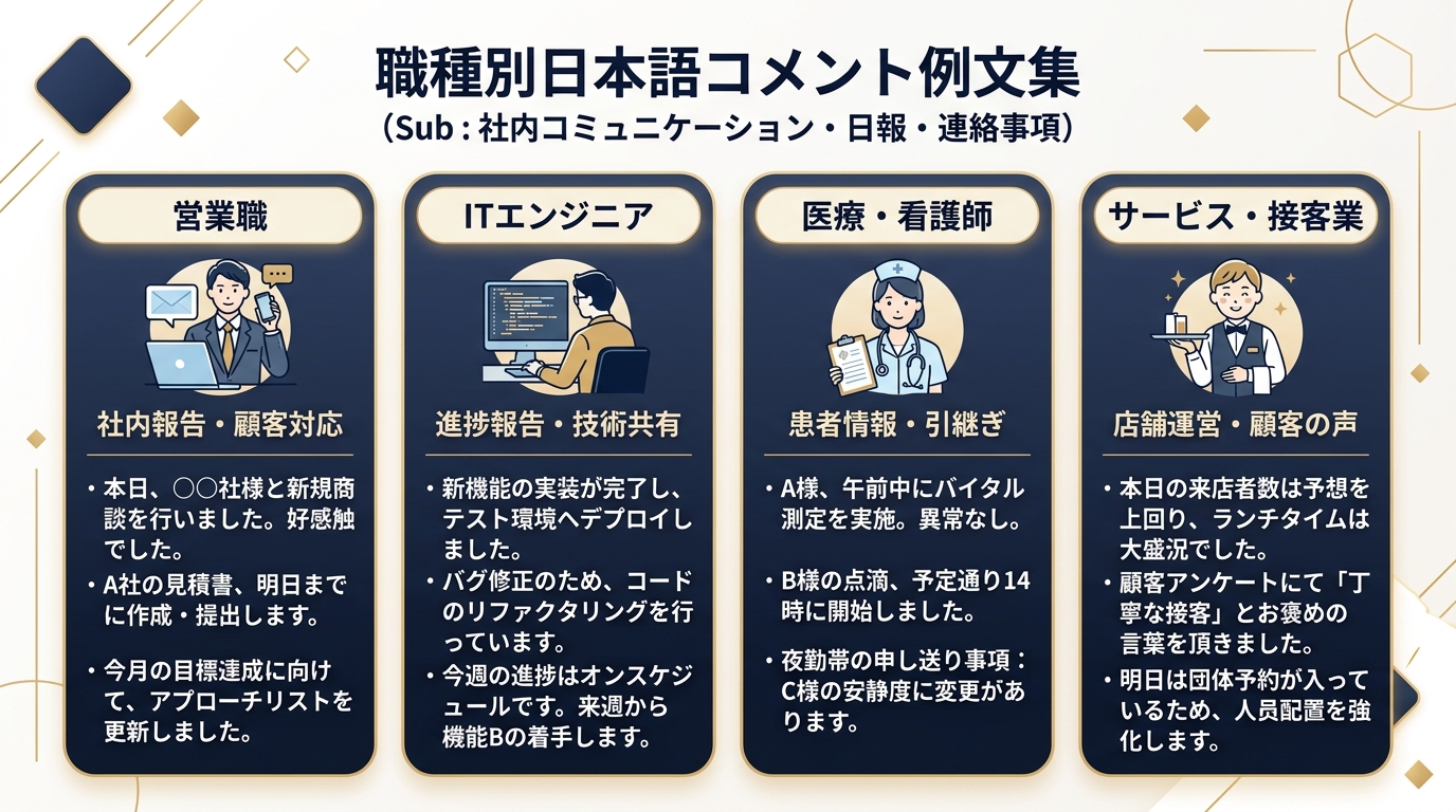 職種別(営業・IT・医療・サービス)プロフィールムービー職場パート文例図解