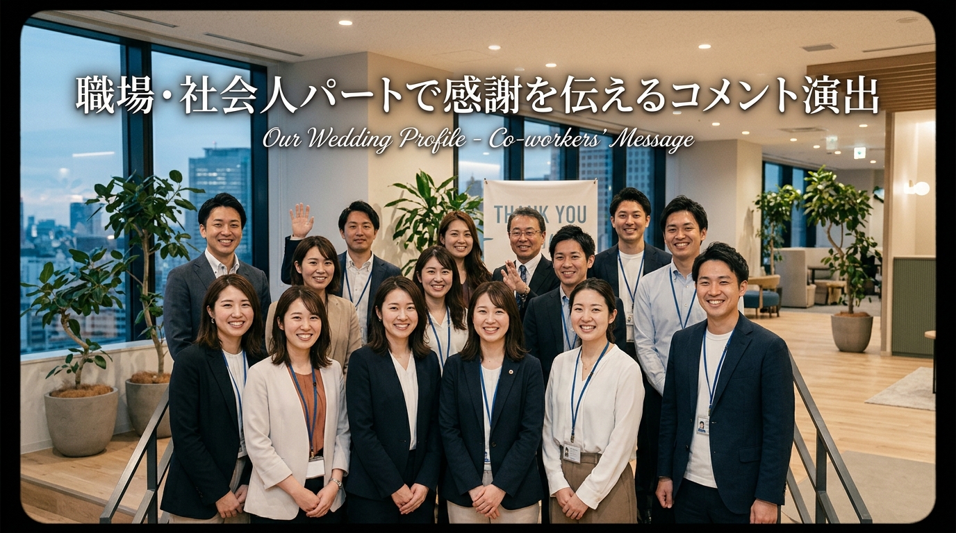 職場パートのコメントが入った結婚式プロフィールムービーの上映画面スチル